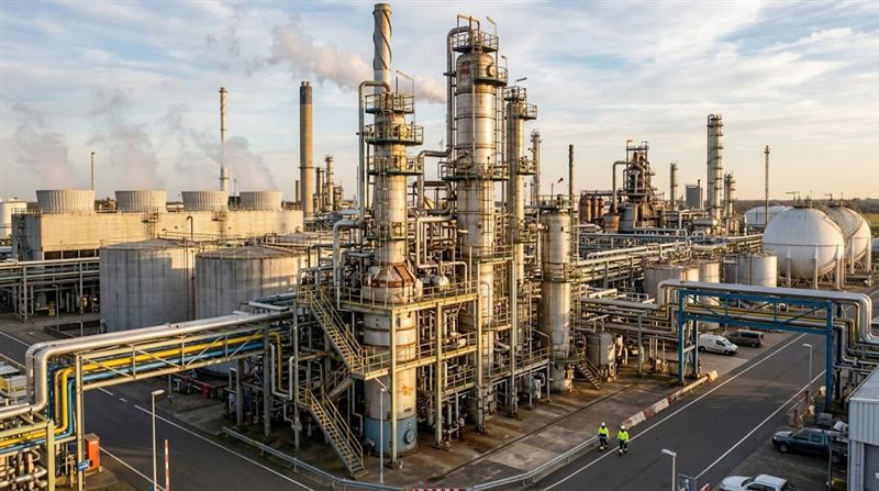 Chemical and petrochemical processing plant with columns and pipework