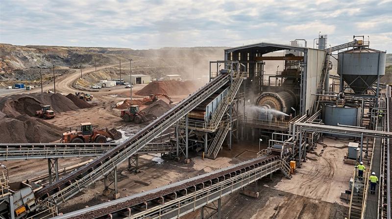 Ore processing plant with conveyors and crushing equipment