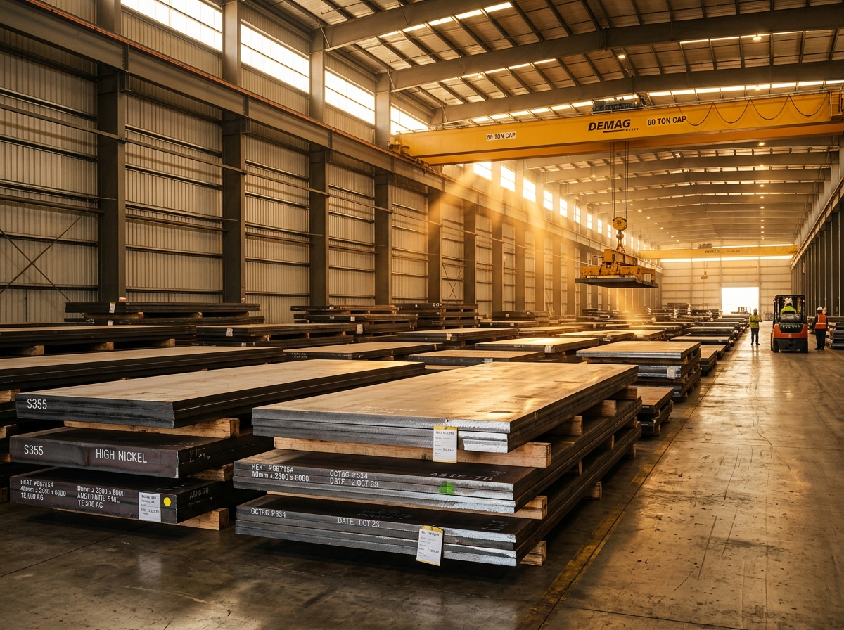 Steel plate stacks marked with grade and heat numbers in the stockyard